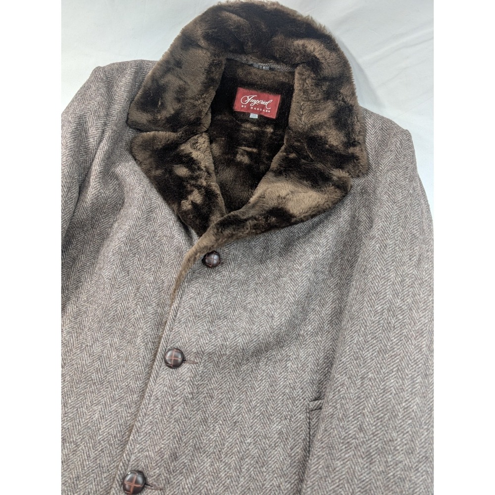 Vintage Hagger Imperial Men's Herringbone Wool Coat Faux Fur Lined Big Heavy 44L